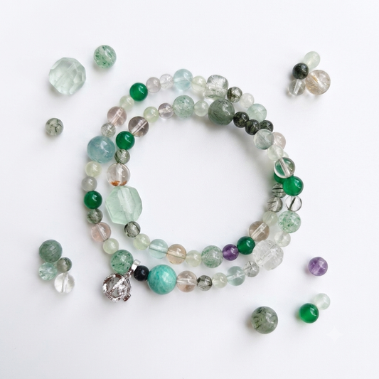 Five Elements Wood Aromatherapy Crystal Bracelet — green tourmaline, green aventurine, prehnite, amethyst, rose quartz and aquamarine — aromatherapy crystal jewelry by WalkTree