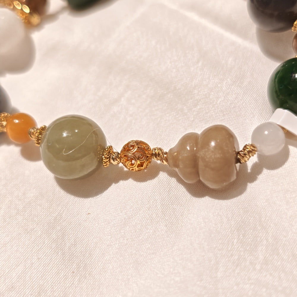 Lucky Cat Aromatherapy Crystal Bracelet — green chalcedony, jade pixiu, smoky quartz, yellow chalcedony and gold-tone beads — aromatherapy crystal jewelry by WalkTree