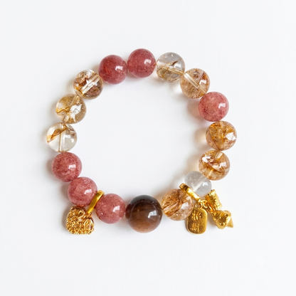 Earth Flow Aromatherapy Crystal Bracelet — strawberry quartz, tiger eye, clear quartz and gold leaf stone — aromatherapy crystal jewelry by WalkTree