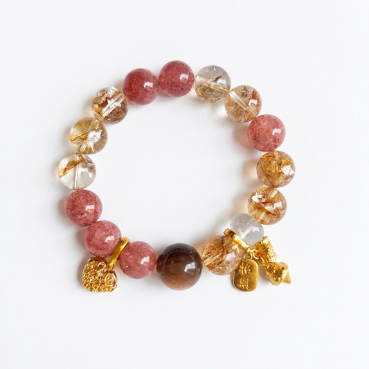 Earth Flow Aromatherapy Crystal Bracelet — strawberry quartz, tiger eye, clear quartz and gold leaf stone — aromatherapy crystal jewelry by WalkTree