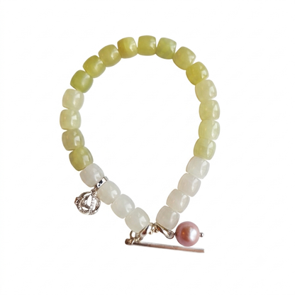Jade Whisper Aromatherapy Crystal Bracelet — green nephrite jade and pink freshwater pearl — aromatherapy crystal jewelry by WalkTree