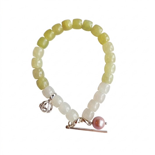 Jade Whisper Aromatherapy Crystal Bracelet — green nephrite jade and pink freshwater pearl — aromatherapy crystal jewelry by WalkTree
