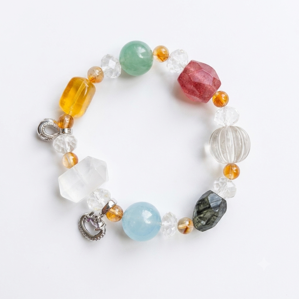 Racing Heart Aromatherapy Crystal Bracelet — yellow chalcedony, pink tourmaline, green chalcedony, clear quartz, blue chalcedony and grey tourmaline — aromatherapy crystal jewelry by WalkTree