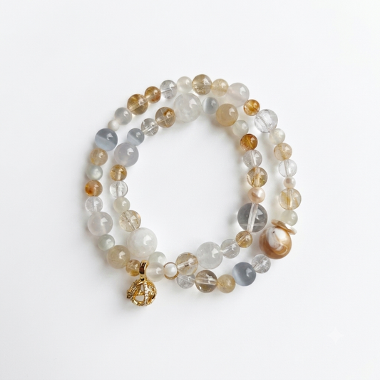 Five Elements Metal Aromatherapy Crystal Bracelet — clear quartz, honey chalcedony, freshwater pearl and grey chalcedony — aromatherapy crystal jewelry by WalkTree