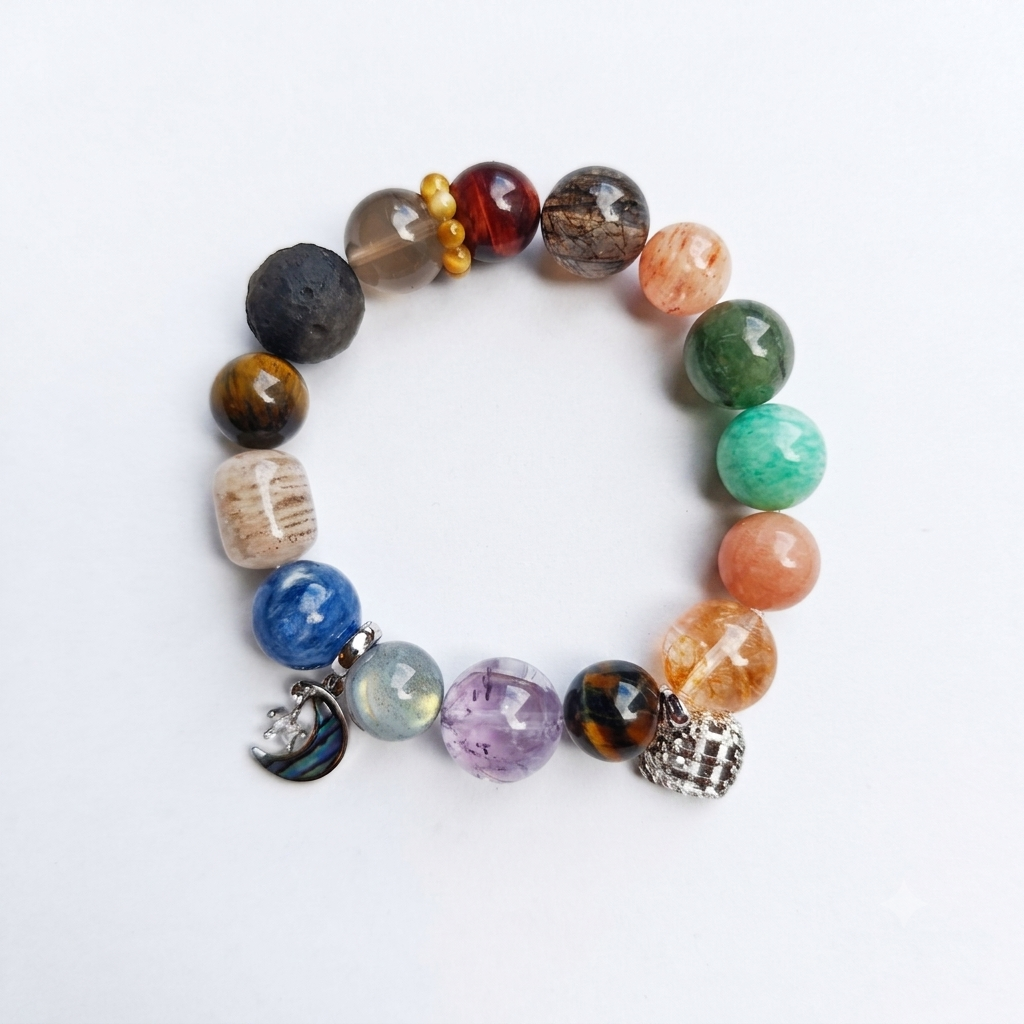 Gathered Strength Aromatherapy Crystal Bracelet — red agate, smoky quartz, tiger eye, green aventurine, amazonite, orange moonstone and amethyst — aromatherapy crystal jewelry by WalkTree