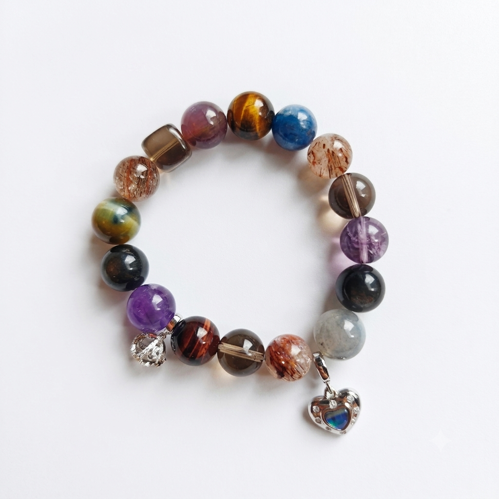 Chakra Prism Aromatherapy Crystal Bracelet — tiger eye, amethyst, kyanite, hematoid quartz, smoky quartz, green phantom quartz and obsidian — aromatherapy crystal jewelry by WalkTree