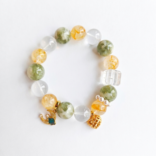 Green Grape Cream Aromatherapy Crystal Bracelet — green phantom quartz, citrine, clear quartz and freshwater pearl — aromatherapy crystal jewelry by WalkTree