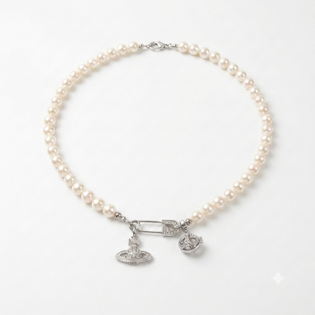 Planet Pearl Aromatherapy Necklace — freshwater pearl strand with silver-tone planet charms — aromatherapy crystal jewelry by WalkTree