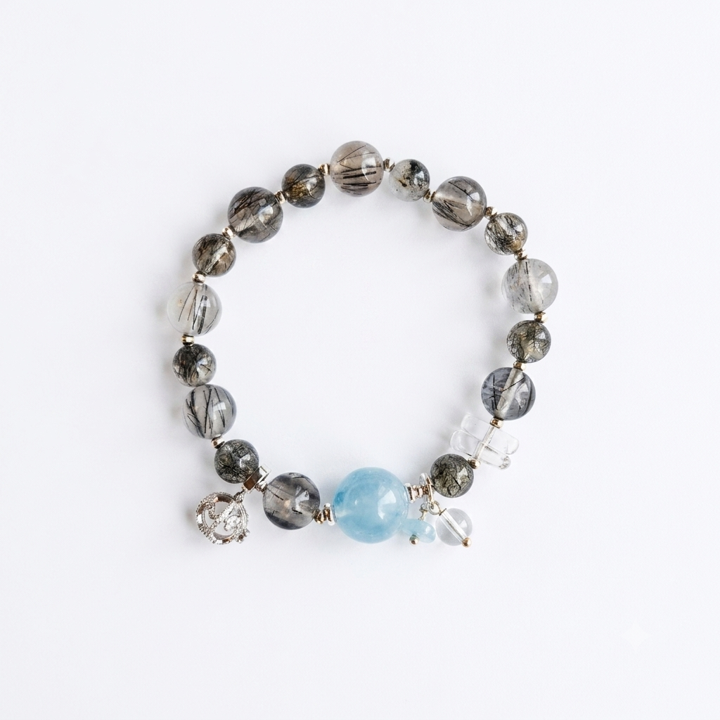 Still River Aromatherapy Crystal Bracelet — black rutilated quartz, aquamarine and clear quartz — aromatherapy crystal jewelry by WalkTree