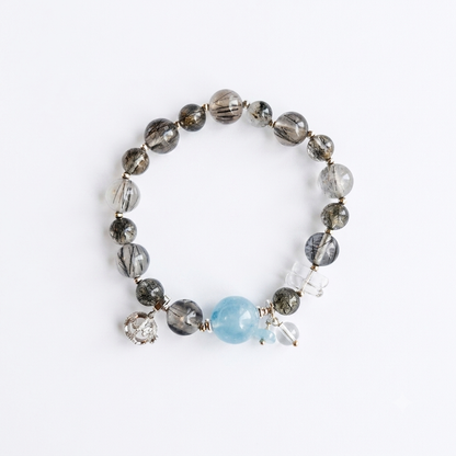Still River Aromatherapy Crystal Bracelet — black rutilated quartz, aquamarine and clear quartz — aromatherapy crystal jewelry by WalkTree