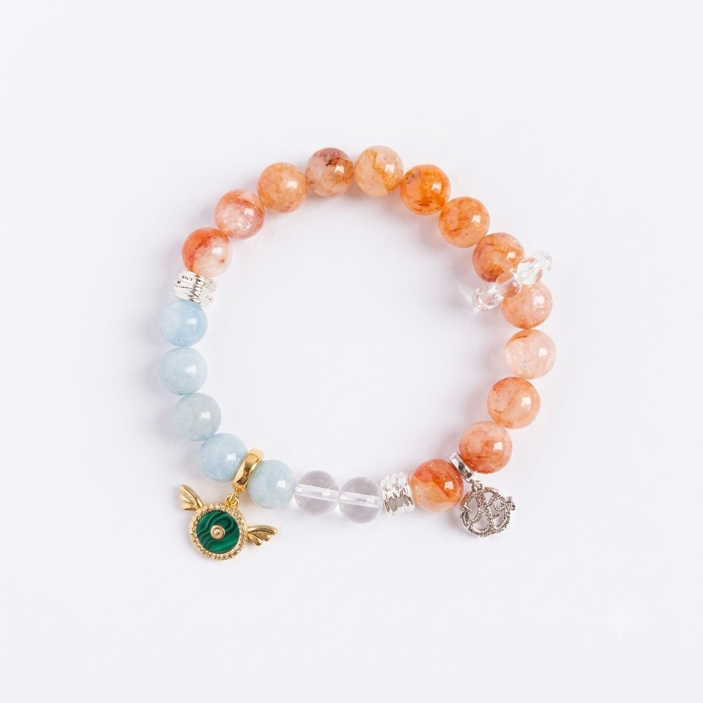 Sea Salt Orange Aromatherapy Crystal Bracelet — orange moonstone, aquamarine, clear quartz and malachite — aromatherapy crystal jewelry by WalkTree