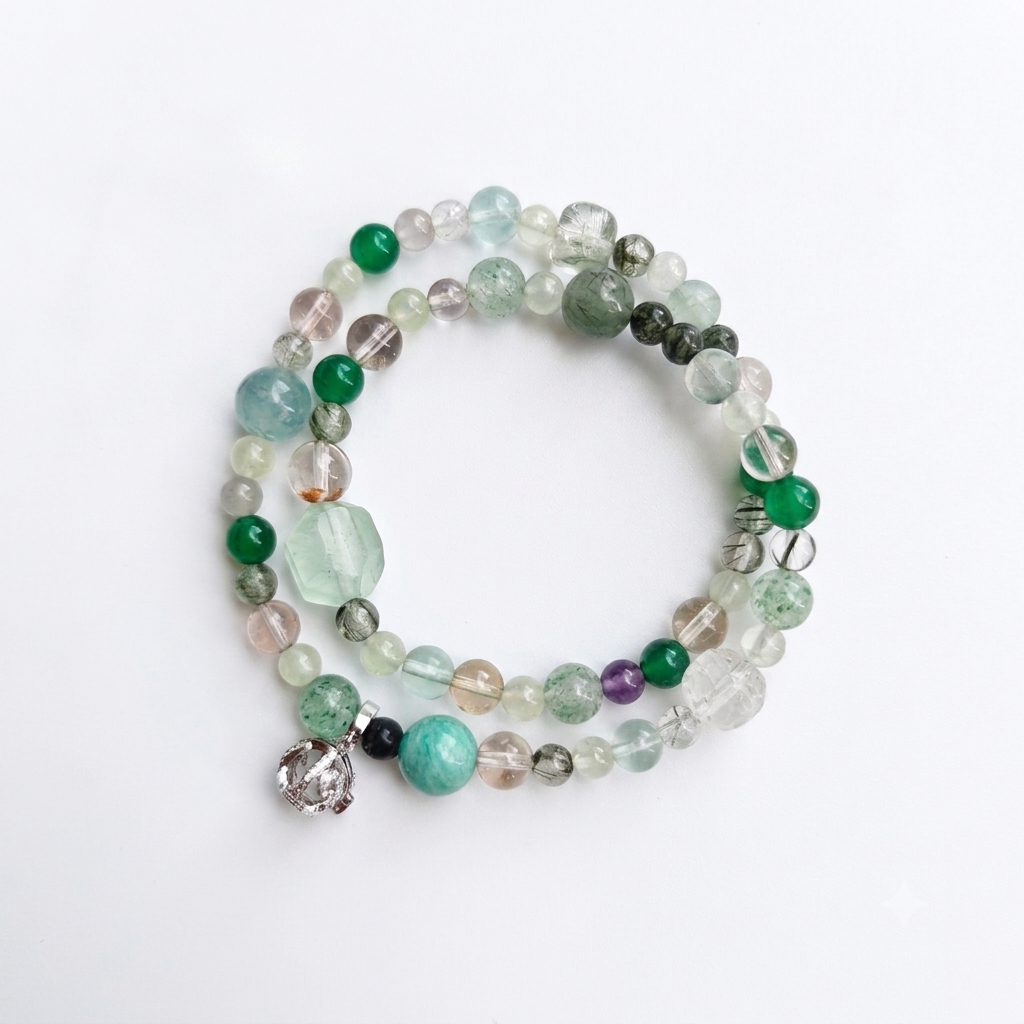 Five Elements Wood Aromatherapy Crystal Bracelet — green tourmaline, green aventurine, prehnite, amethyst, rose quartz and aquamarine — aromatherapy crystal jewelry by WalkTree
