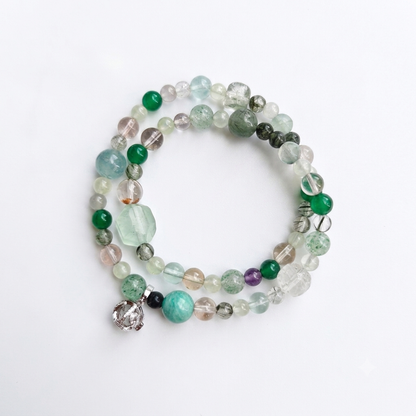 Five Elements Wood Aromatherapy Crystal Bracelet — green tourmaline, green aventurine, prehnite, amethyst, rose quartz and aquamarine — aromatherapy crystal jewelry by WalkTree