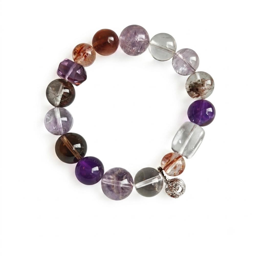 Violet Star Aromatherapy Crystal Bracelet — amethyst, smoky quartz, golden rutilated quartz and clear quartz — aromatherapy crystal jewelry by WalkTree