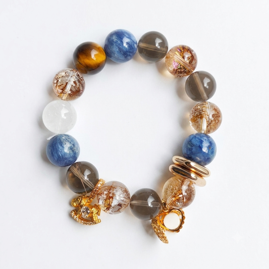 Emerald Journey Aromatherapy Crystal Bracelet — tiger eye, kyanite, smoky quartz, golden rutilated quartz and clear quartz — aromatherapy crystal jewelry by WalkTree