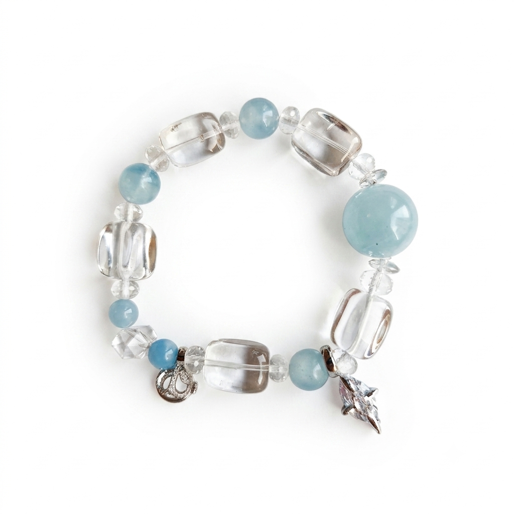 Distant Chime Aromatherapy Crystal Bracelet — aquamarine and clear quartz barrels — aromatherapy crystal jewelry by WalkTree
