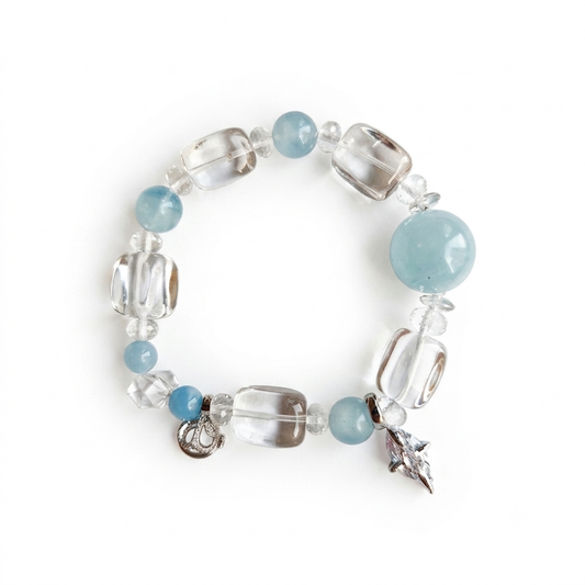 Distant Chime Aromatherapy Crystal Bracelet — aquamarine and clear quartz barrels — aromatherapy crystal jewelry by WalkTree