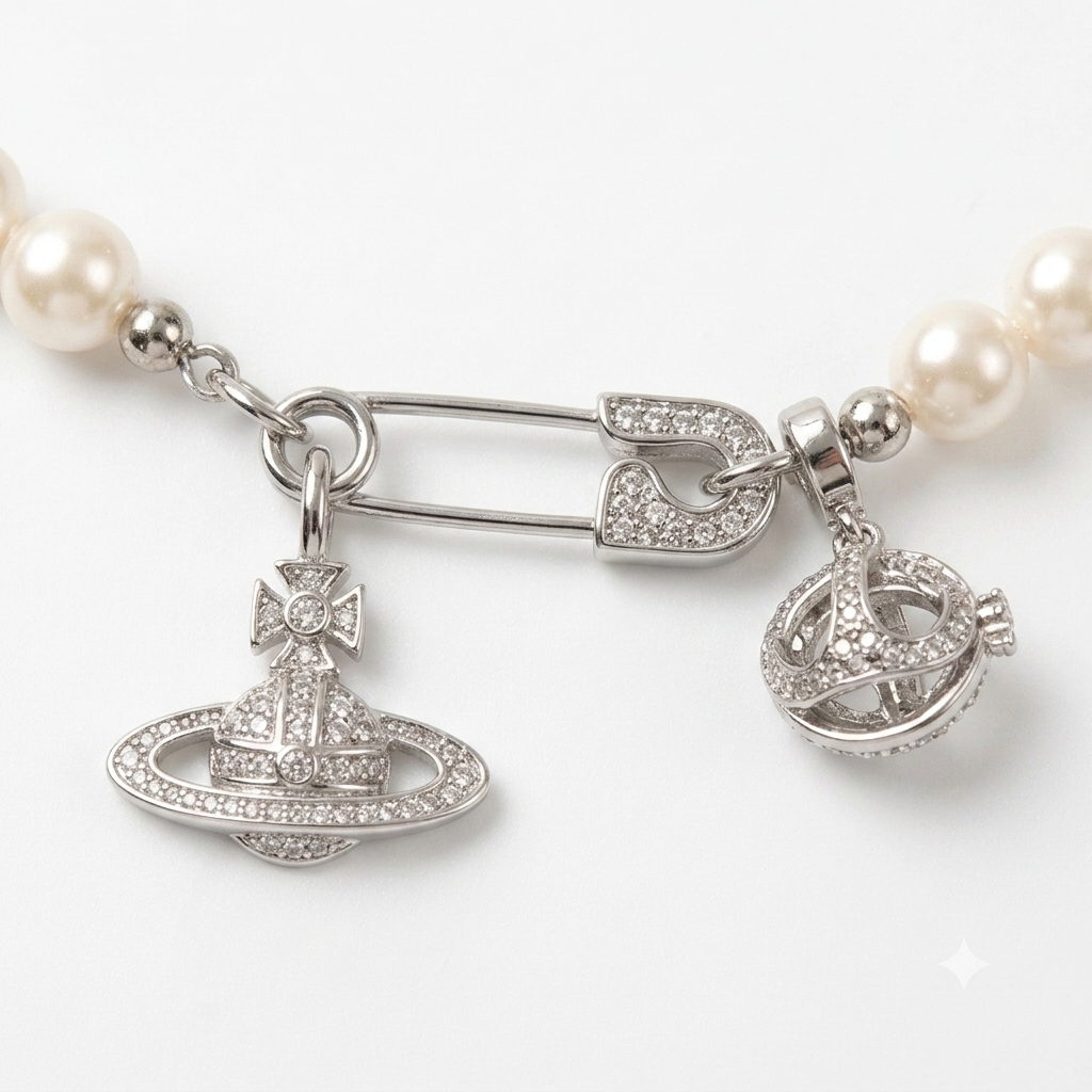 Planet Pearl Aromatherapy Necklace — freshwater pearl strand with silver-tone planet charms — aromatherapy crystal jewelry by WalkTree
