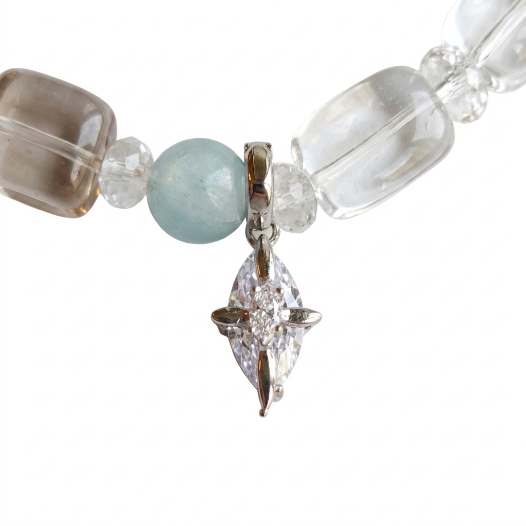 Distant Chime Aromatherapy Crystal Bracelet — aquamarine and clear quartz barrels — aromatherapy crystal jewelry by WalkTree