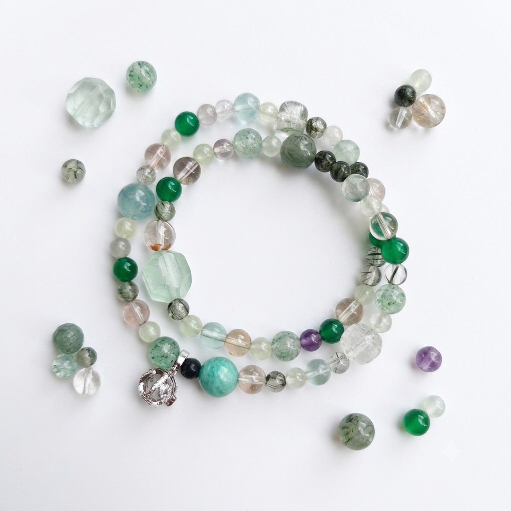 Five Elements Wood Aromatherapy Crystal Bracelet — green tourmaline, green aventurine, prehnite, amethyst, rose quartz and aquamarine — aromatherapy crystal jewelry by WalkTree