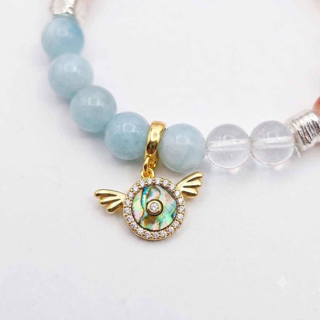 Sea Salt Orange Aromatherapy Crystal Bracelet — orange moonstone, aquamarine, clear quartz and malachite — aromatherapy crystal jewelry by WalkTree