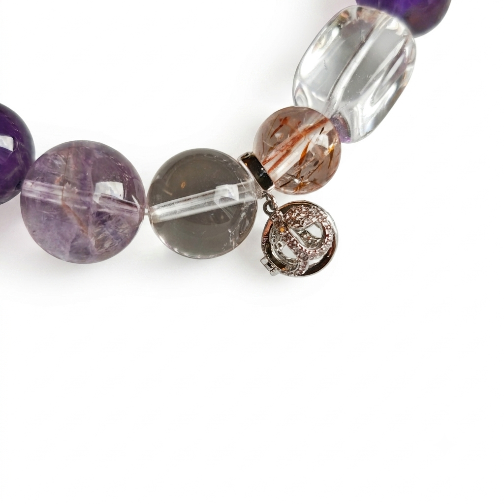 Violet Star Aromatherapy Crystal Bracelet — amethyst, smoky quartz, golden rutilated quartz and clear quartz — aromatherapy crystal jewelry by WalkTree