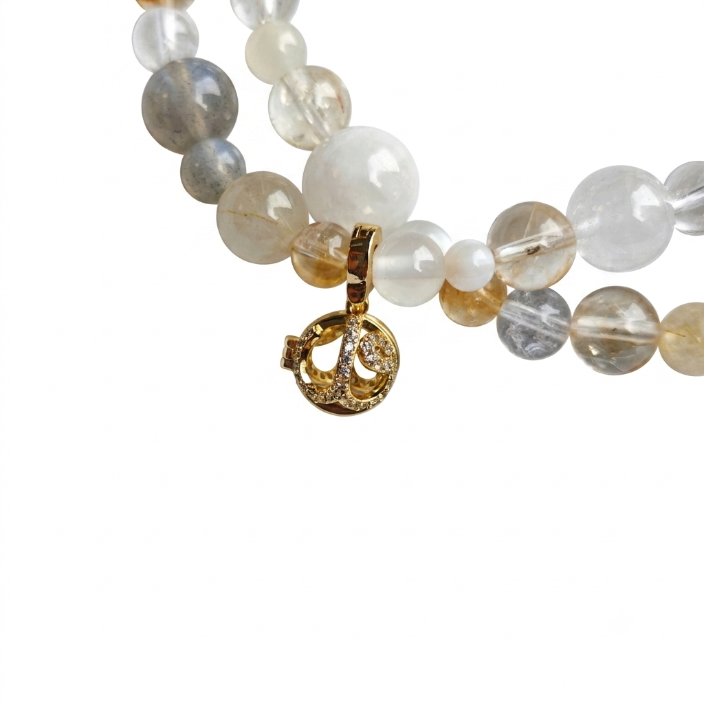 Five Elements Metal Aromatherapy Crystal Bracelet — clear quartz, honey chalcedony, freshwater pearl and grey chalcedony — aromatherapy crystal jewelry by WalkTree