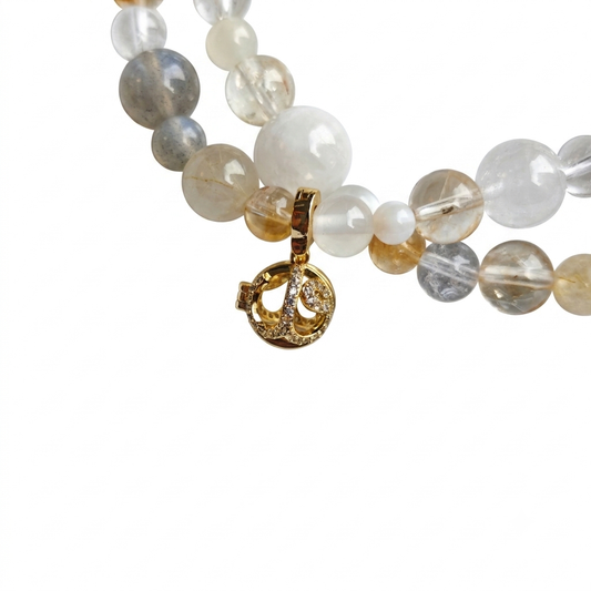 Five Elements Metal Aromatherapy Crystal Bracelet — clear quartz, honey chalcedony, freshwater pearl and grey chalcedony — aromatherapy crystal jewelry by WalkTree
