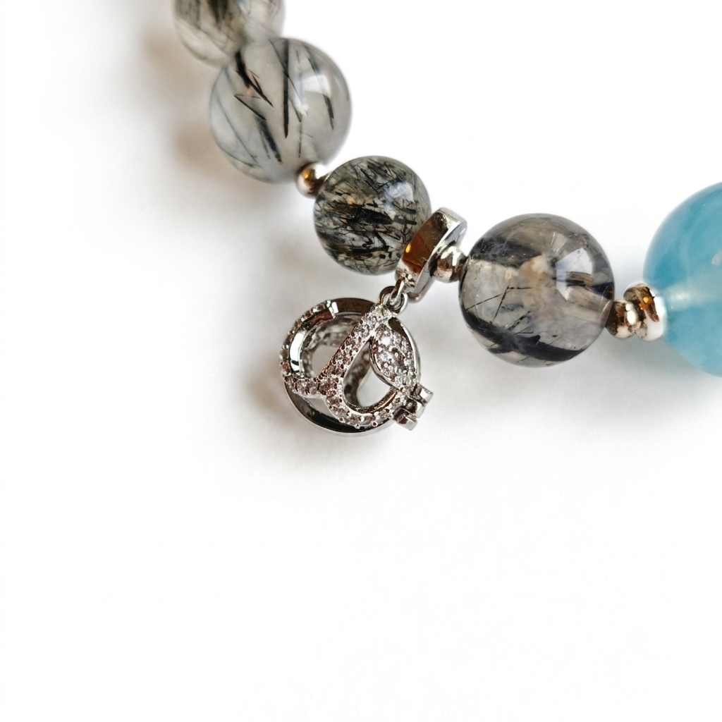 Still River Aromatherapy Crystal Bracelet — black rutilated quartz, aquamarine and clear quartz — aromatherapy crystal jewelry by WalkTree