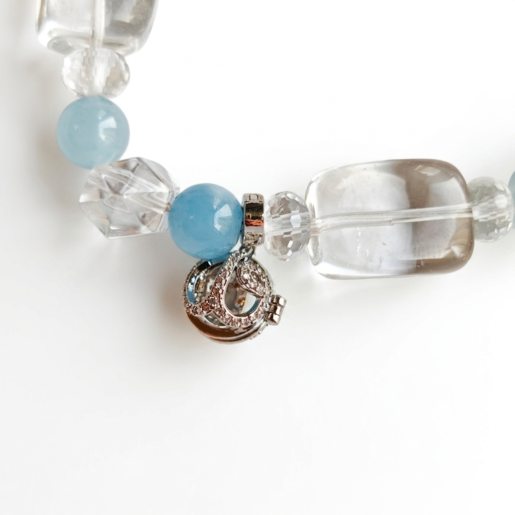 Distant Chime Aromatherapy Crystal Bracelet — aquamarine and clear quartz barrels — aromatherapy crystal jewelry by WalkTree