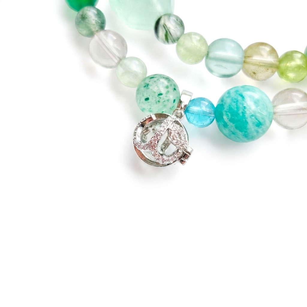 Five Elements Wood Aromatherapy Crystal Bracelet — green tourmaline, green aventurine, prehnite, amethyst, rose quartz and aquamarine — aromatherapy crystal jewelry by WalkTree