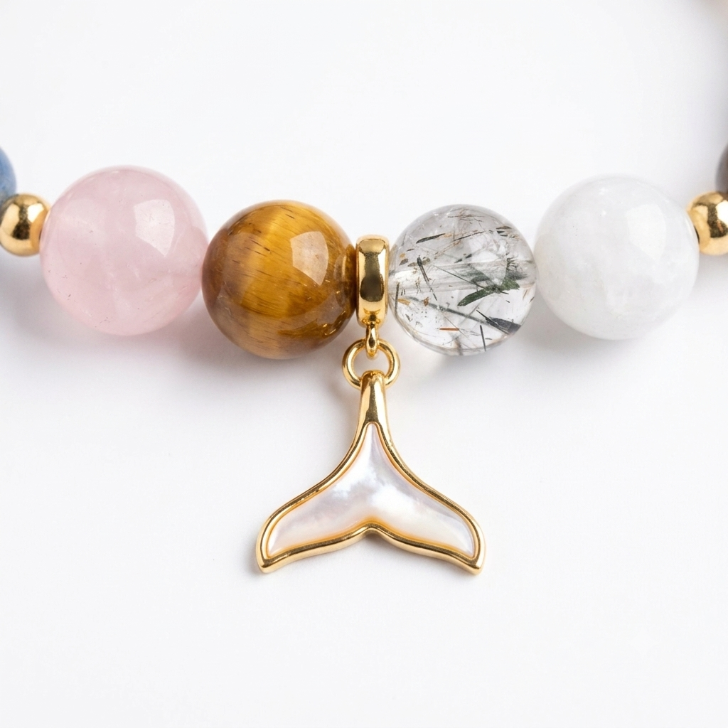 Mother-of-pearl whale tail charm with tiger eye and rutilated quartz beads