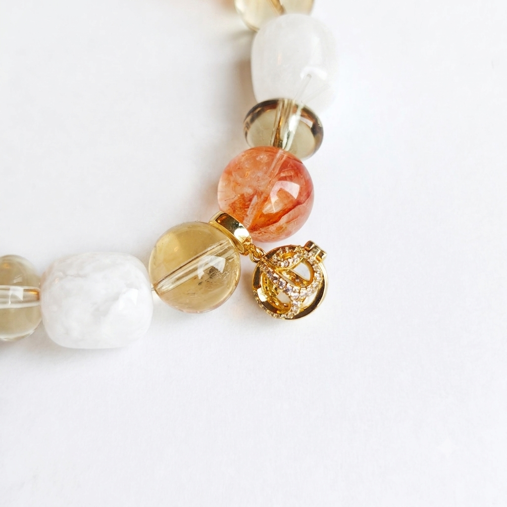 Sealed Radiance Aromatherapy Crystal Bracelet — hematoid quartz, clear quartz, green phantom quartz and gold-tone spacers — aromatherapy crystal jewelry by WalkTree