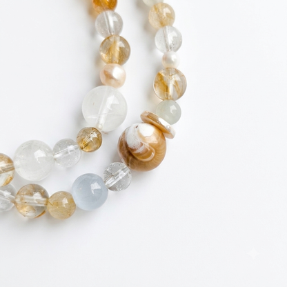 Five Elements Metal Aromatherapy Crystal Bracelet — clear quartz, honey chalcedony, freshwater pearl and grey chalcedony — aromatherapy crystal jewelry by WalkTree
