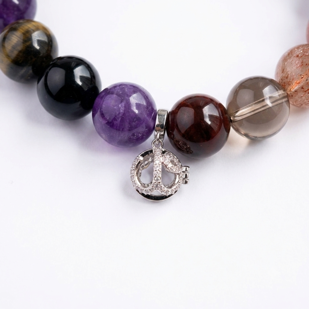 Chakra Prism Aromatherapy Crystal Bracelet — tiger eye, amethyst, kyanite, hematoid quartz, smoky quartz, green phantom quartz and obsidian — aromatherapy crystal jewelry by WalkTree
