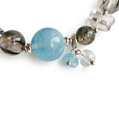 Still River Aromatherapy Crystal Bracelet — black rutilated quartz, aquamarine and clear quartz — aromatherapy crystal jewelry by WalkTree