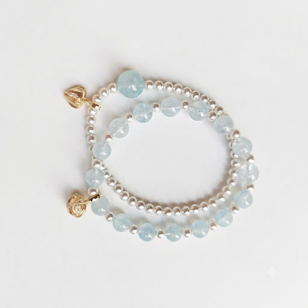 Five Elements Water Aromatherapy Crystal Bracelet — aquamarine, freshwater pearl and silver-tone beads — aromatherapy crystal jewelry by WalkTree