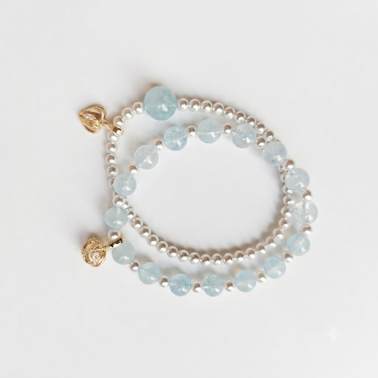 Five Elements Water Aromatherapy Crystal Bracelet — aquamarine, freshwater pearl and silver-tone beads — aromatherapy crystal jewelry by WalkTree
