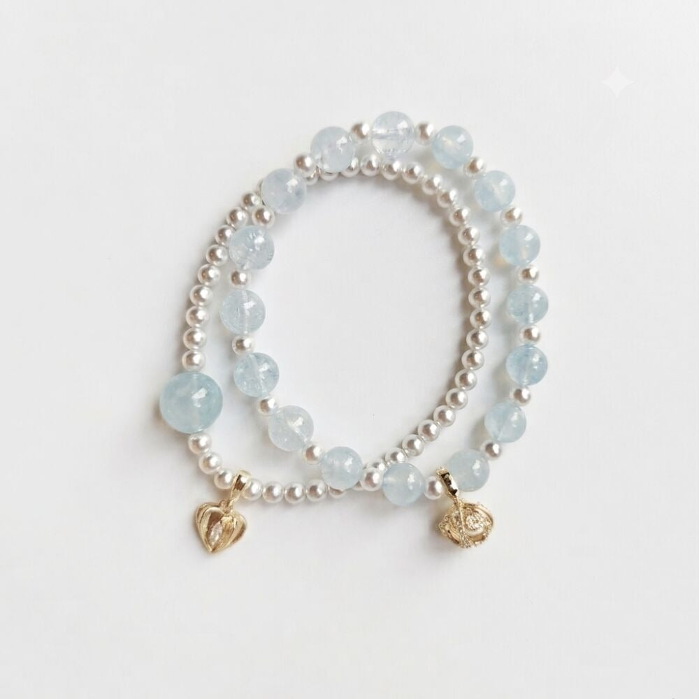 Five Elements Water Aromatherapy Crystal Bracelet — aquamarine, freshwater pearl and silver-tone beads — aromatherapy crystal jewelry by WalkTree