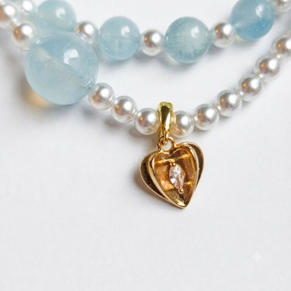 Five Elements Water Aromatherapy Crystal Bracelet — aquamarine, freshwater pearl and silver-tone beads — aromatherapy crystal jewelry by WalkTree
