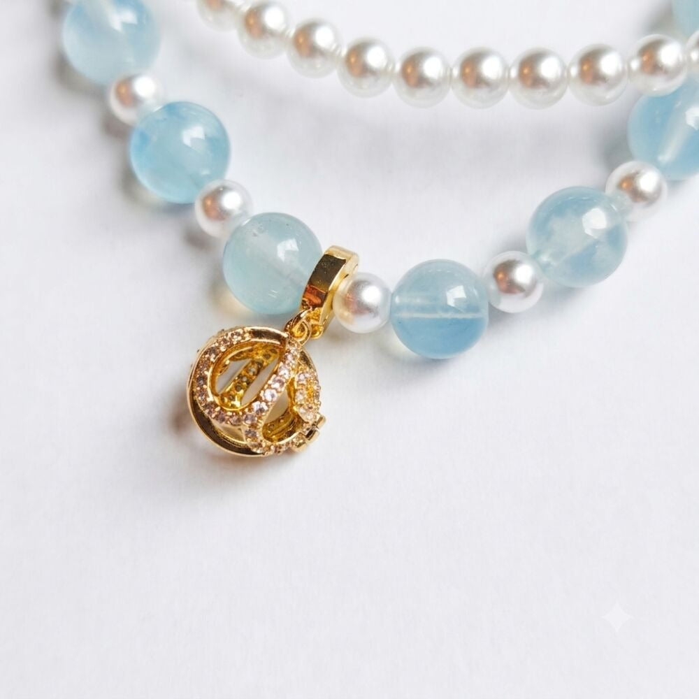 Five Elements Water Aromatherapy Crystal Bracelet — aquamarine, freshwater pearl and silver-tone beads — aromatherapy crystal jewelry by WalkTree