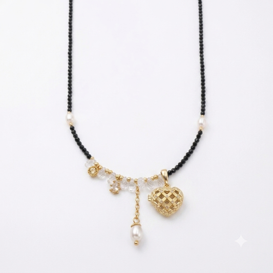Heart Whisper Aromatherapy Necklace — black spinel, clear quartz, freshwater pearl and gold-plated heart diffuser charm — aromatherapy crystal jewelry by WalkTree