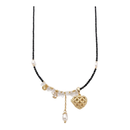 Heart Whisper Aromatherapy Necklace — black spinel, clear quartz, freshwater pearl and gold-plated heart diffuser charm — aromatherapy crystal jewelry by WalkTree