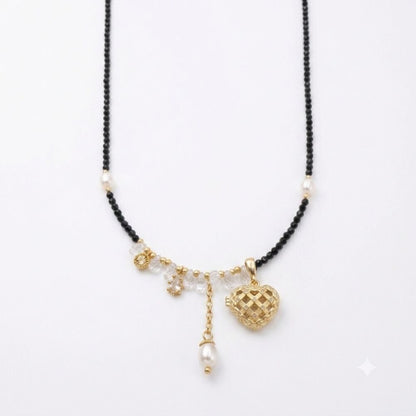 Heart Whisper Aromatherapy Necklace — black spinel, clear quartz, freshwater pearl and gold-plated heart diffuser charm — aromatherapy crystal jewelry by WalkTree