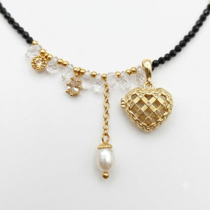 Heart Whisper Aromatherapy Necklace — black spinel, clear quartz, freshwater pearl and gold-plated heart diffuser charm — aromatherapy crystal jewelry by WalkTree