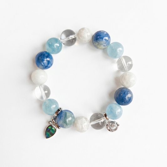Kindred Tide Aromatherapy Crystal Bracelet — aquamarine, blue kyanite, clear quartz and freshwater pearl — aromatherapy crystal jewelry by WalkTree