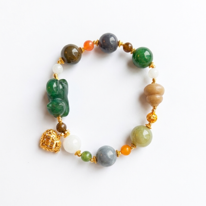 Lucky Cat Aromatherapy Crystal Bracelet — green chalcedony, jade pixiu, smoky quartz, yellow chalcedony and gold-tone beads — aromatherapy crystal jewelry by WalkTree