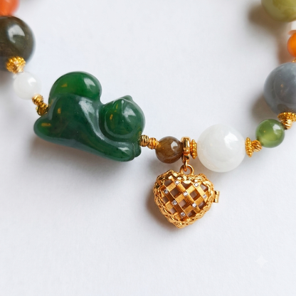 Lucky Cat Aromatherapy Crystal Bracelet — green chalcedony, jade pixiu, smoky quartz, yellow chalcedony and gold-tone beads — aromatherapy crystal jewelry by WalkTree