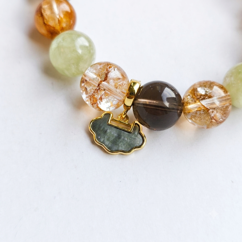 Peaceful Years Aromatherapy Crystal Bracelet — golden rutilated quartz, green chalcedony and smoky quartz — aromatherapy crystal jewelry by WalkTree