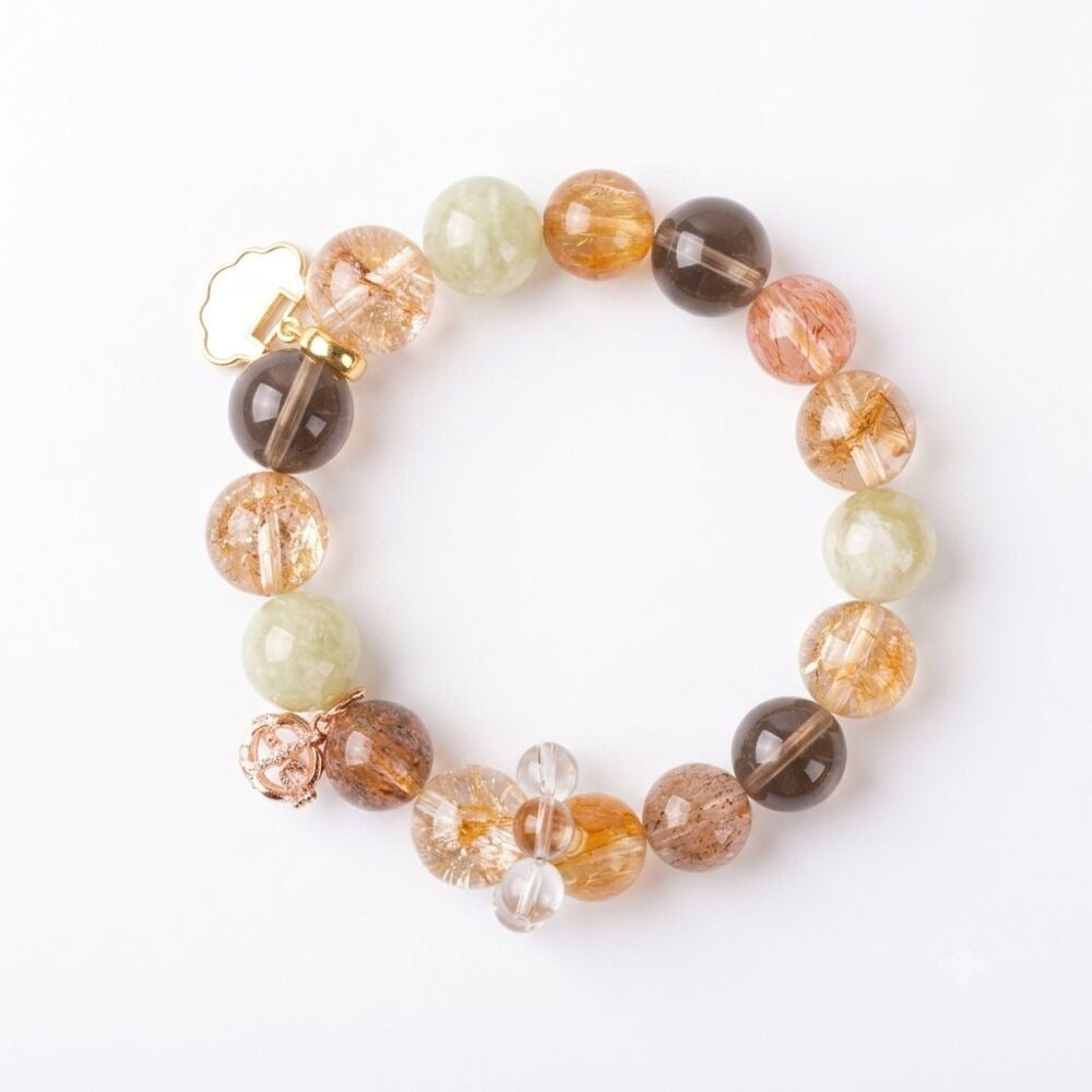 Peaceful Years Aromatherapy Crystal Bracelet — golden rutilated quartz, green chalcedony and smoky quartz — aromatherapy crystal jewelry by WalkTree